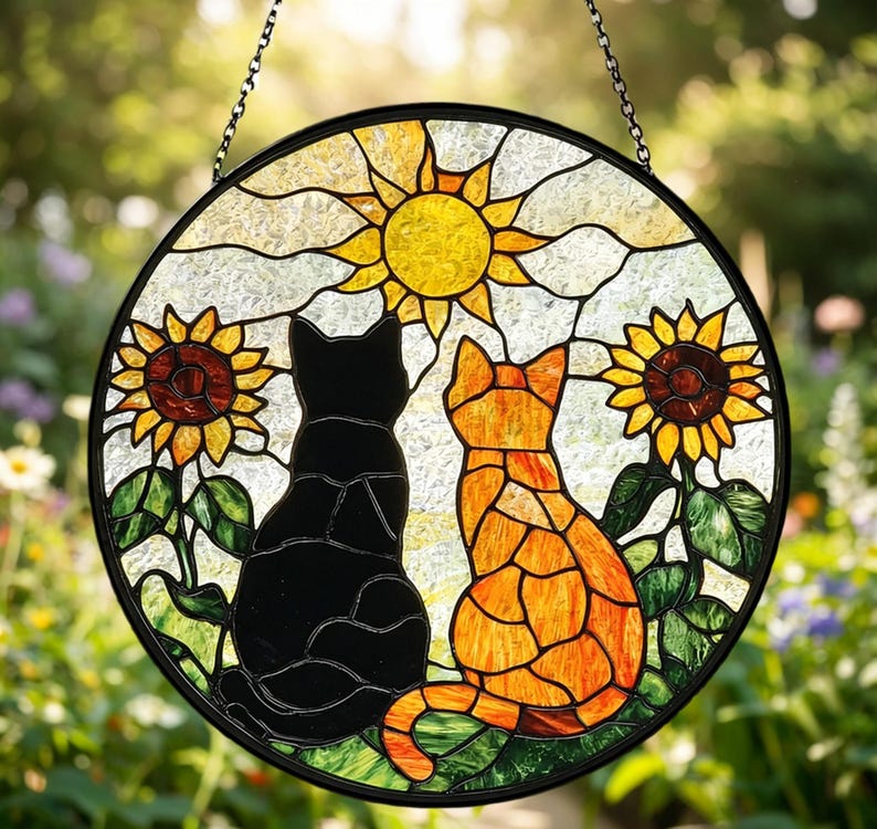 Black Cat Orange Cat Couple Stained Glass Suncatcher with Flowers, Window Hanging Decor, Unique Gift for Cat Lovers