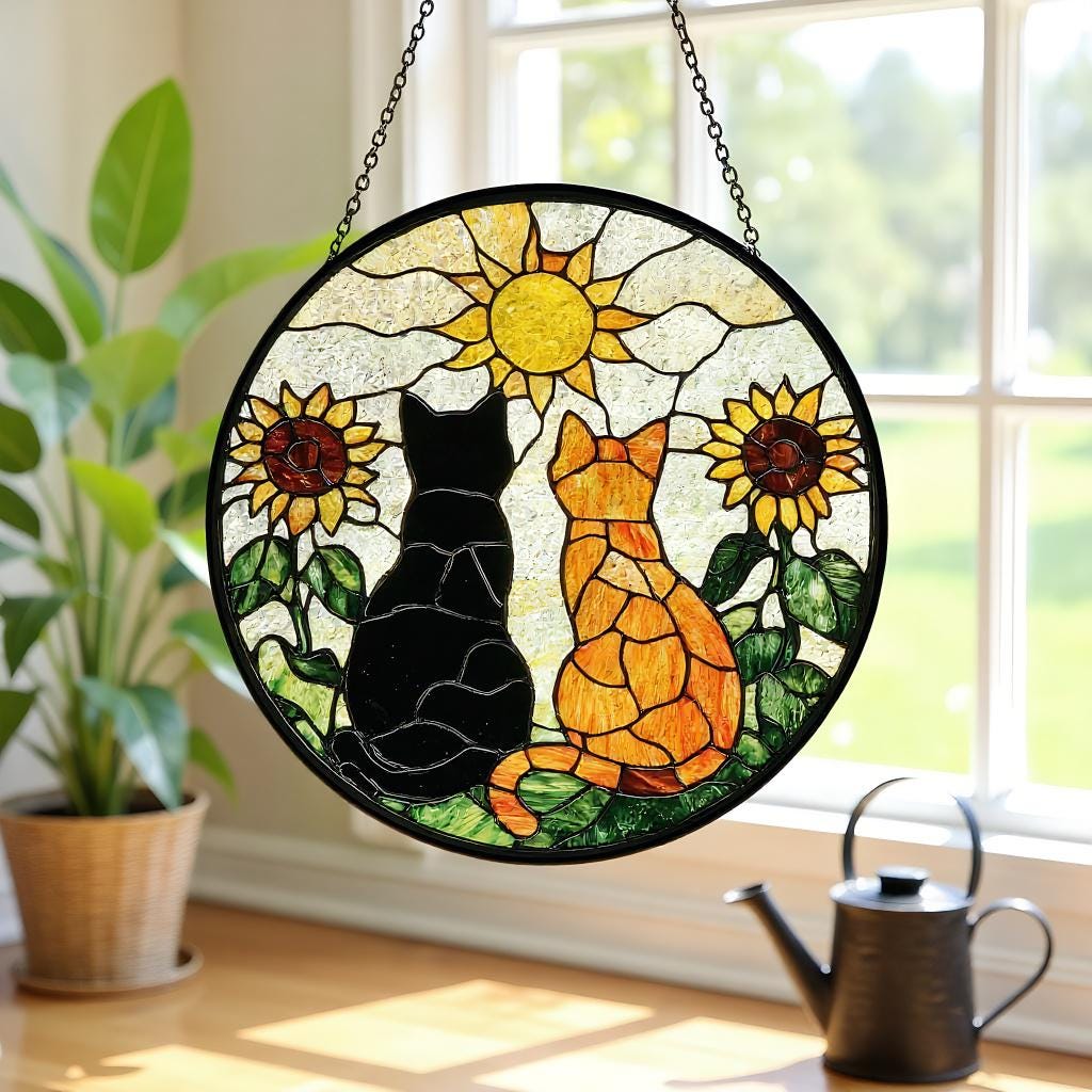 Black Cat Orange Cat Couple Stained Glass Suncatcher with Flowers, Window Hanging Decor, Unique Gift for Cat Lovers