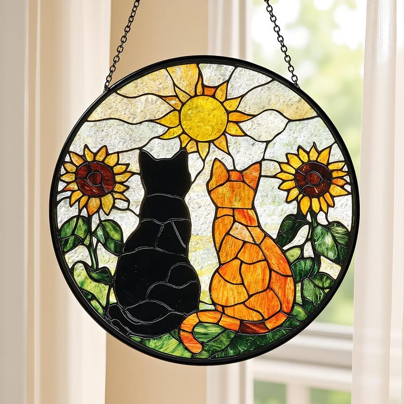 Black Cat Orange Cat Couple Stained Glass Suncatcher with Flowers, Window Hanging Decor, Unique Gift for Cat Lovers