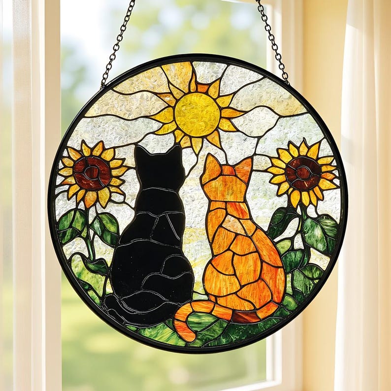 Black Cat Orange Cat Couple Stained Glass Suncatcher with Flowers, Window Hanging Decor, Unique Gift for Cat Lovers