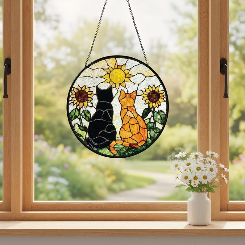Black Cat Orange Cat Couple Stained Glass Suncatcher with Flowers, Window Hanging Decor, Unique Gift for Cat Lovers