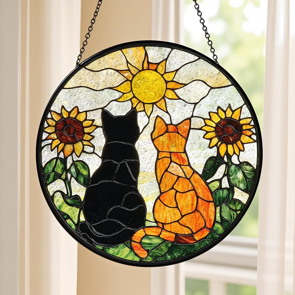 Black Cat Orange Cat Couple Stained Glass Suncatcher with Flowers, Window Hanging Decor, Unique Gift for Cat Lovers