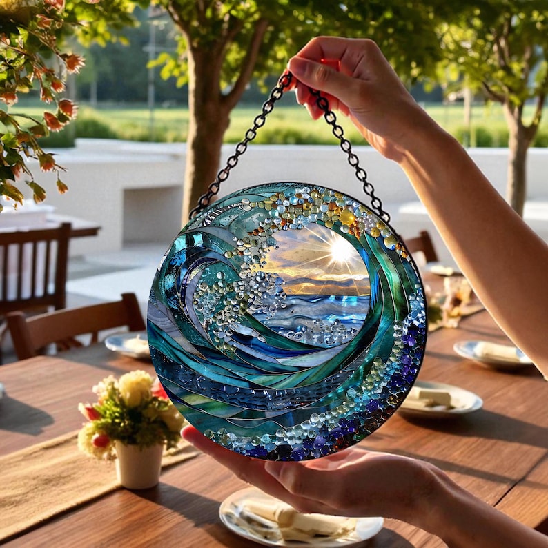 Spiral Ocean Sunset Suncatcher Window Decor, Blue Wave Glass Art Hanging, Golden Light Catcher Gift, Deep Sea Horizon Round Crystal Ornament
