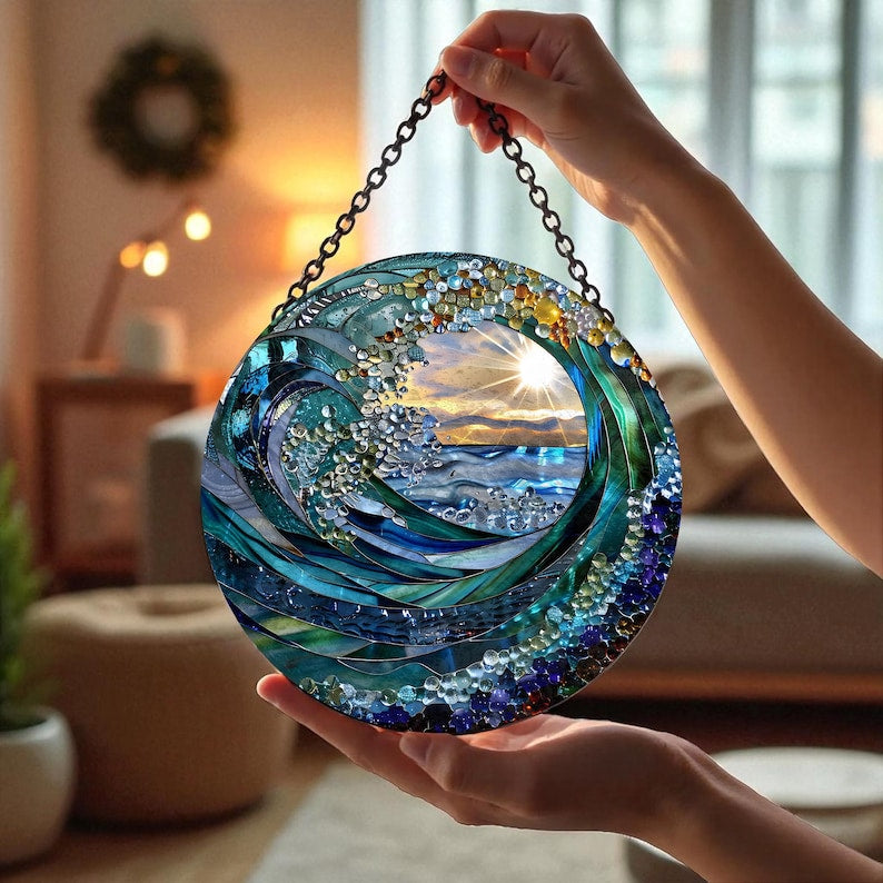Spiral Ocean Sunset Suncatcher Window Decor, Blue Wave Glass Art Hanging, Golden Light Catcher Gift, Deep Sea Horizon Round Crystal Ornament