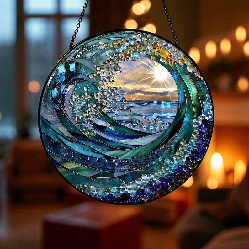 Spiral Ocean Sunset Suncatcher Window Decor, Blue Wave Glass Art Hanging, Golden Light Catcher Gift, Deep Sea Horizon Round Crystal Ornament