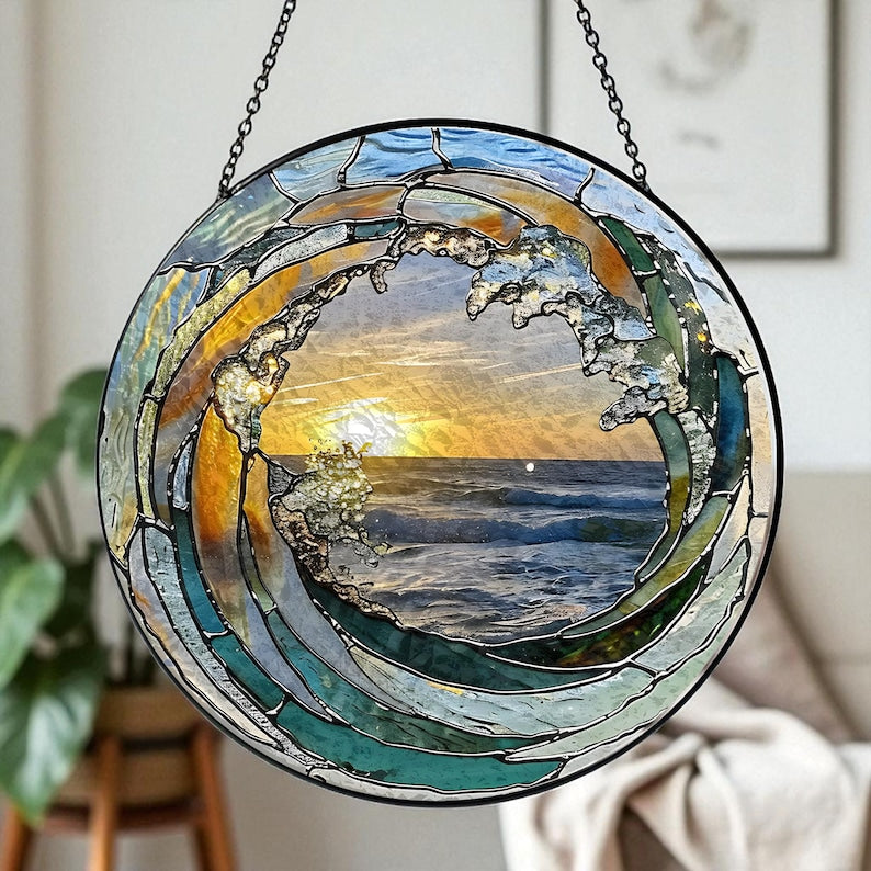 Ocean Wave Sunset Stained Glass Suncatcher Window Decor, Coastal Sea Glass Art Hanging Ornament, Blue Water View Light Catcher Gift for Home, Housewarming, Mother's Day, Beach Theme Decor