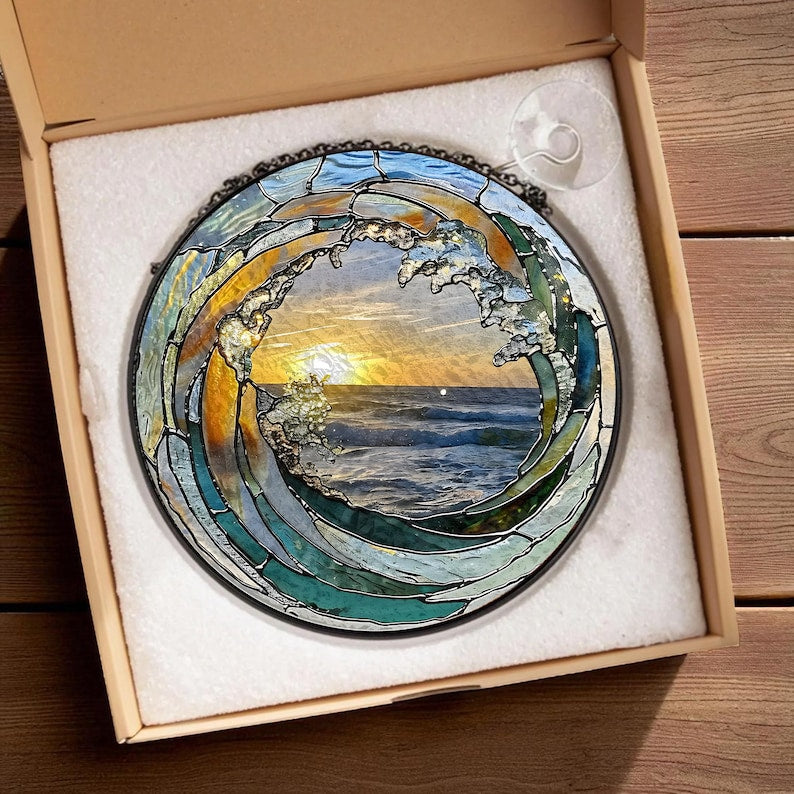 Ocean Wave Sunset Stained Glass Suncatcher Window Decor, Coastal Sea Glass Art Hanging Ornament, Blue Water View Light Catcher Gift for Home, Housewarming, Mother's Day, Beach Theme Decor