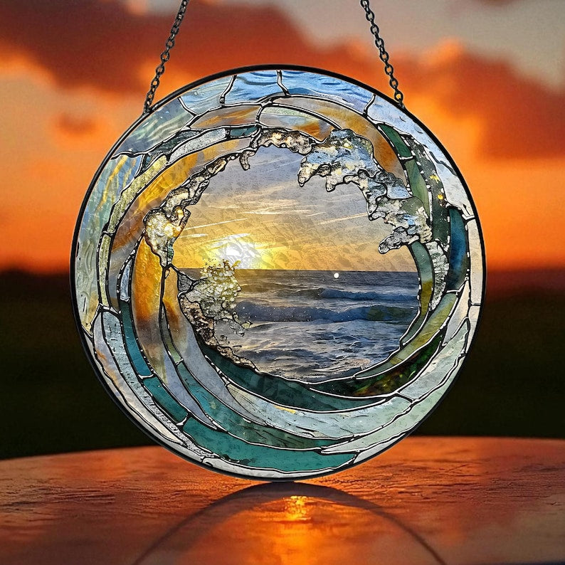 Ocean Wave Sunset Stained Glass Suncatcher Window Decor, Coastal Sea Glass Art Hanging Ornament, Blue Water View Light Catcher Gift for Home, Housewarming, Mother's Day, Beach Theme Decor