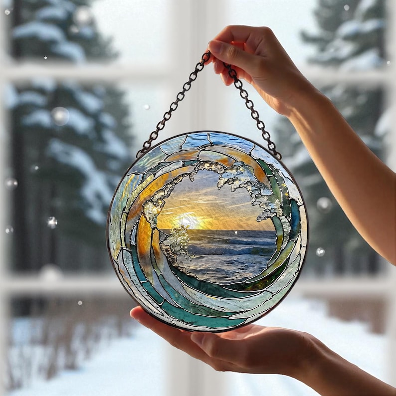 Ocean Wave Sunset Stained Glass Suncatcher Window Decor, Coastal Sea Glass Art Hanging Ornament, Blue Water View Light Catcher Gift for Home, Housewarming, Mother's Day, Beach Theme Decor