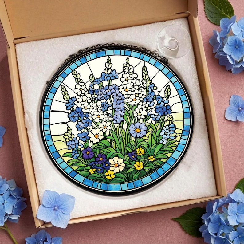 Stained Glass Blue Wildflower Suncatcher Window Ornament, Floral Nature Art Hanging Decor, Botanical Glass Piece for Home & Garden, Handmade Gift