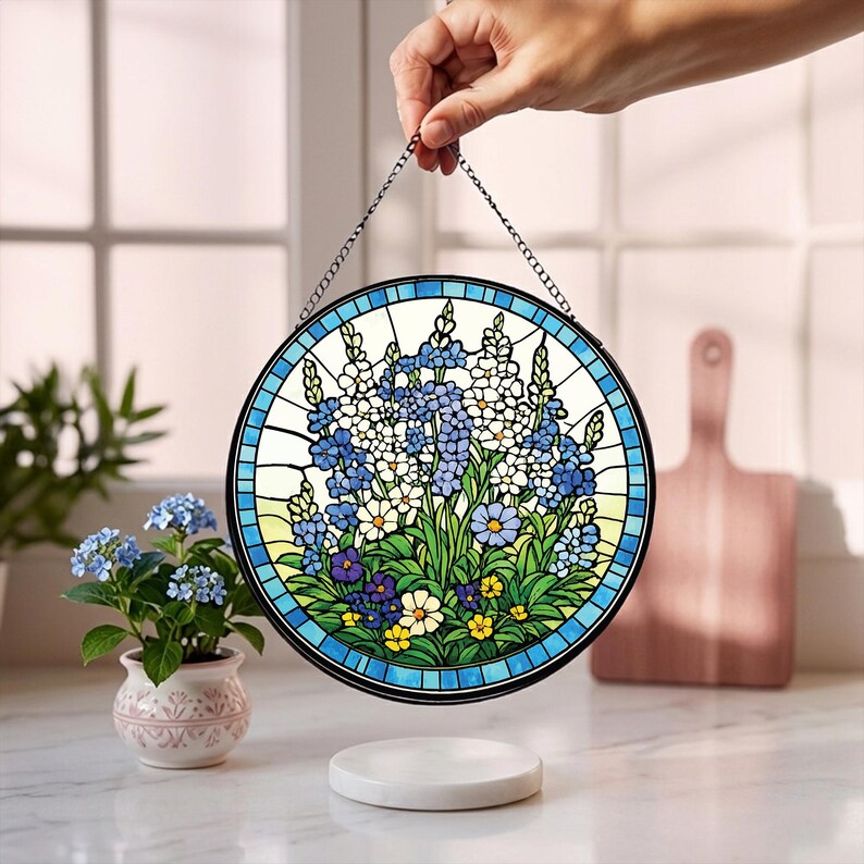 Stained Glass Blue Wildflower Suncatcher Window Ornament, Floral Nature Art Hanging Decor, Botanical Glass Piece for Home & Garden, Handmade Gift