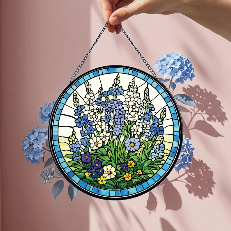 Stained Glass Blue Wildflower Suncatcher Window Ornament, Floral Nature Art Hanging Decor, Botanical Glass Piece for Home & Garden, Handmade Gift