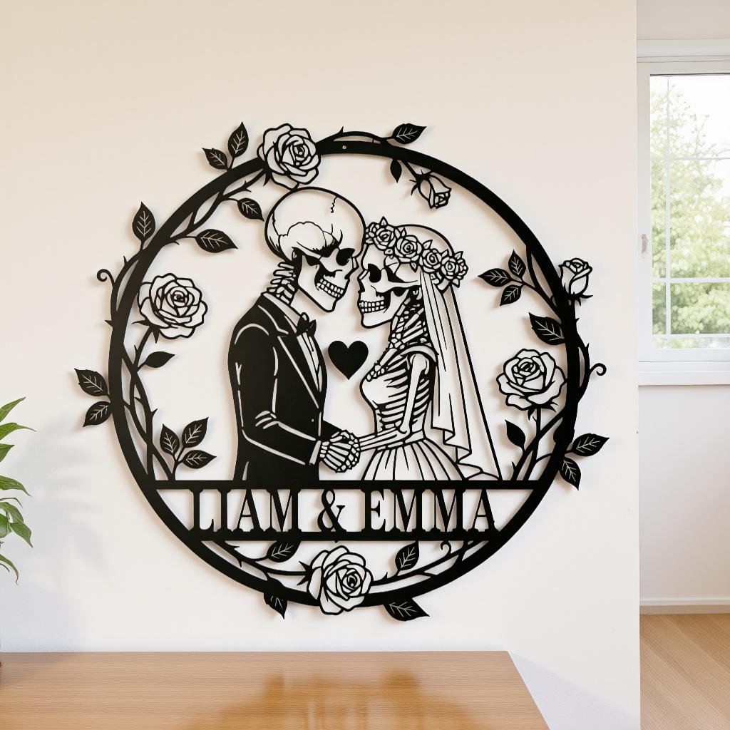 Custom Skull Couple Metal Wall Art | Gothic Personalized Wedding Anniversary Sign | Eternal Love Home Decor