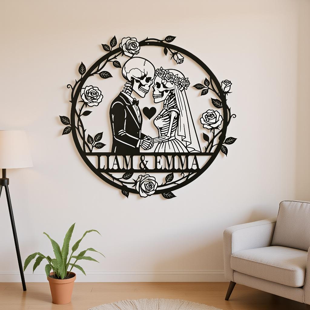 Custom Skull Couple Metal Wall Art | Gothic Personalized Wedding Anniversary Sign | Eternal Love Home Decor
