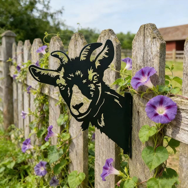 Peeking Bighorn sheep Metal Garden Stake - Wrought Iron Yard Art, Outdoor Fence Ornament