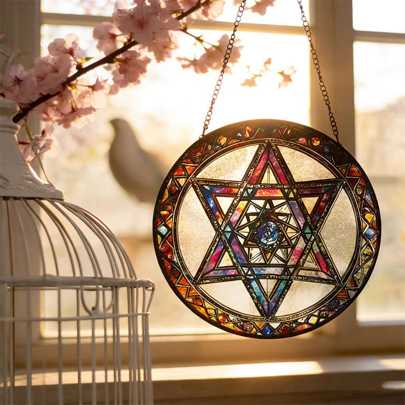 Star of David Suncatcher - Colorful Stained Glass Hanging for Home & Garden