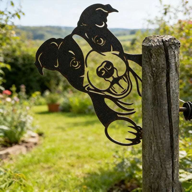 Peeking Dog Metal Garden Stake - Wrought Iron Yard Art, Outdoor Fence Ornament