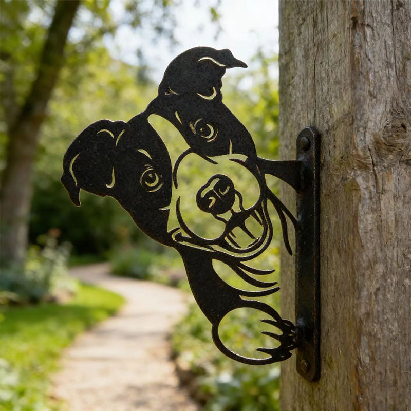 Peeking Dog Metal Garden Stake - Wrought Iron Yard Art, Outdoor Fence Ornament