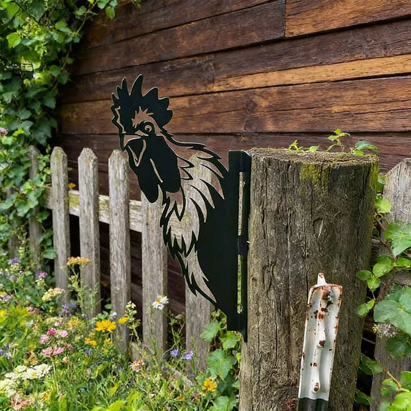 Peeking chicken Metal Garden Stake - Wrought Iron Yard Art, Outdoor Fence Ornament