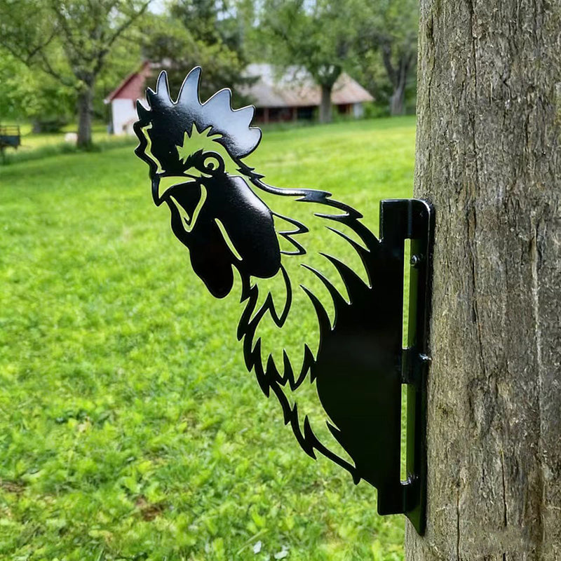Peeking chicken Metal Garden Stake - Wrought Iron Yard Art, Outdoor Fence Ornament