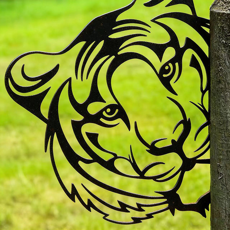 Peeking Tiger Metal Garden Stake - Wrought Iron Yard Art, Outdoor Fence Ornament