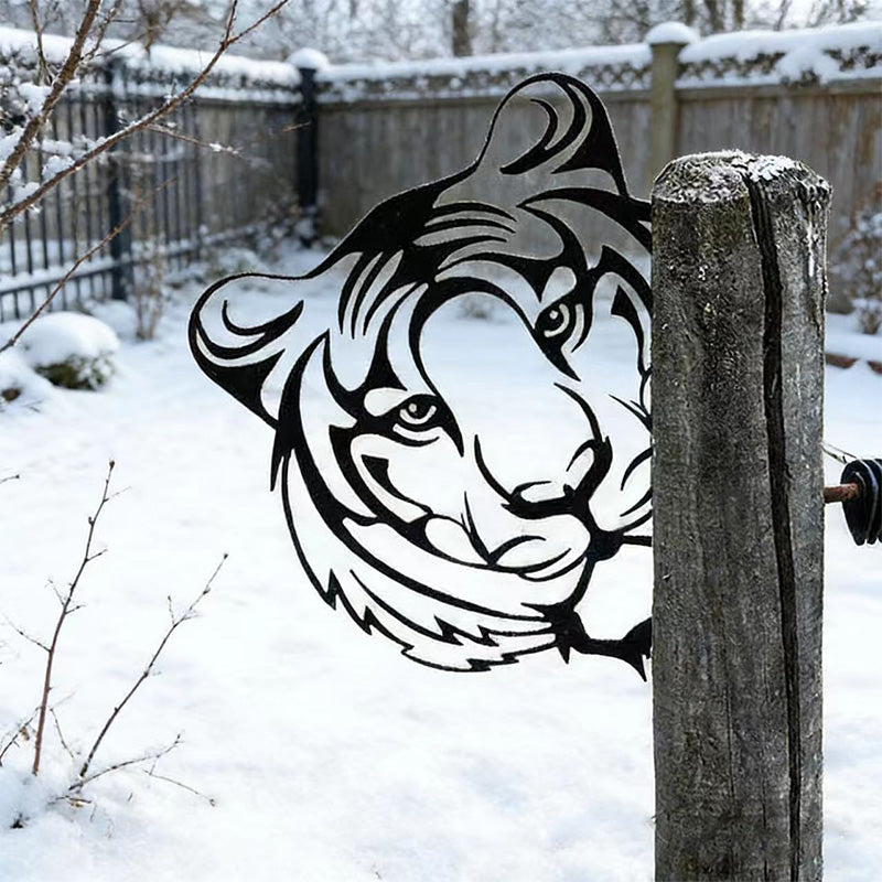 Peeking Tiger Metal Garden Stake - Wrought Iron Yard Art, Outdoor Fence Ornament