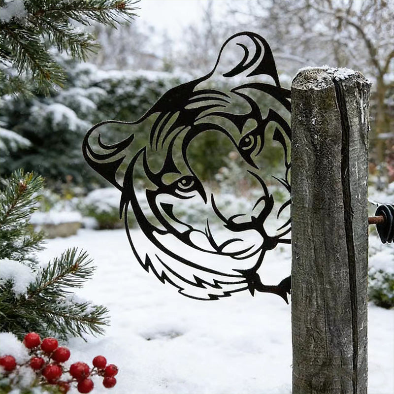 Peeking Tiger Metal Garden Stake - Wrought Iron Yard Art, Outdoor Fence Ornament