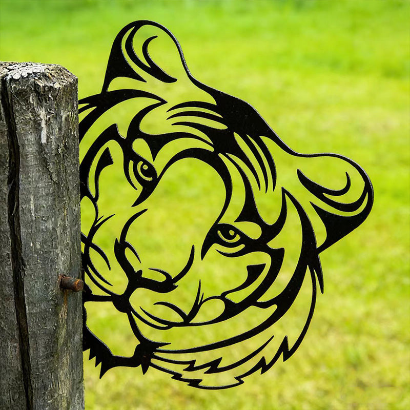 Peeking Tiger Metal Garden Stake - Wrought Iron Yard Art, Outdoor Fence Ornament