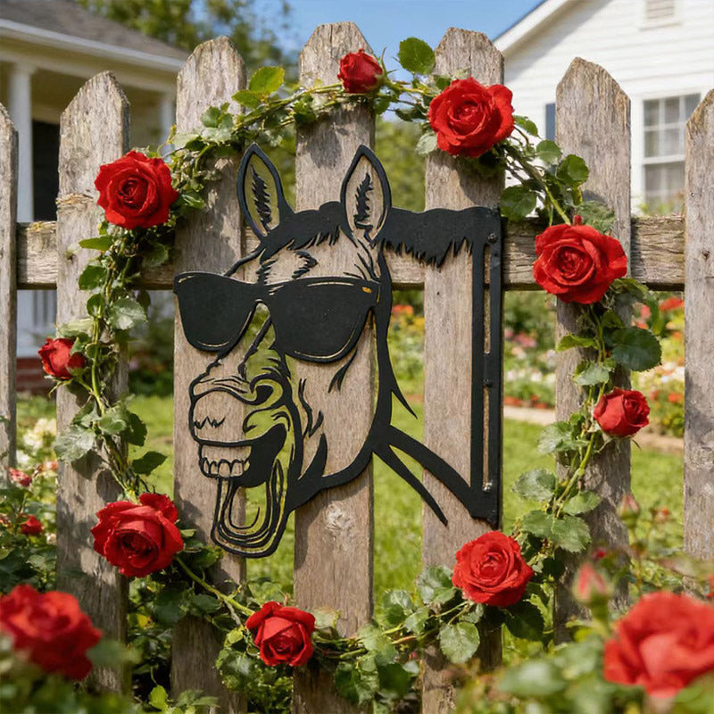 Peeking Sunglasses horse Metal Garden Stake - Wrought Iron Yard Art, Outdoor Fence Ornament