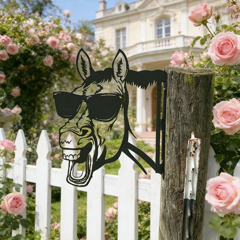 Peeking Sunglasses horse Metal Garden Stake - Wrought Iron Yard Art, Outdoor Fence Ornament