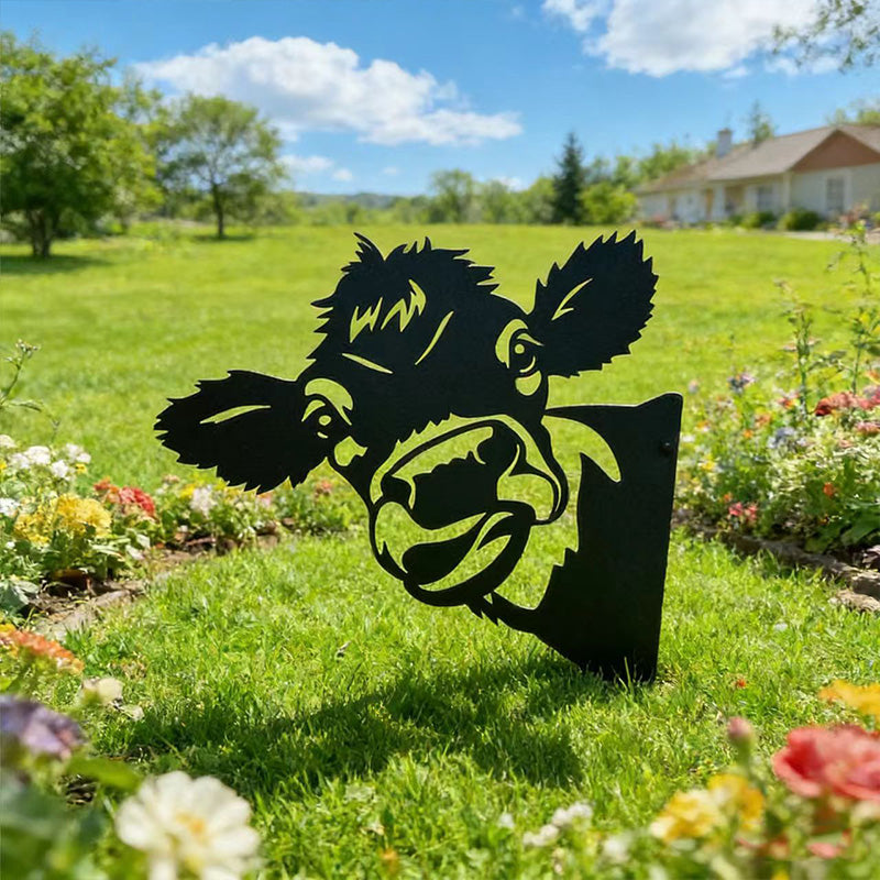 Peeking Big-Eared Cow Metal Garden Stake - Wrought Iron Yard Art, Outdoor Fence Ornament