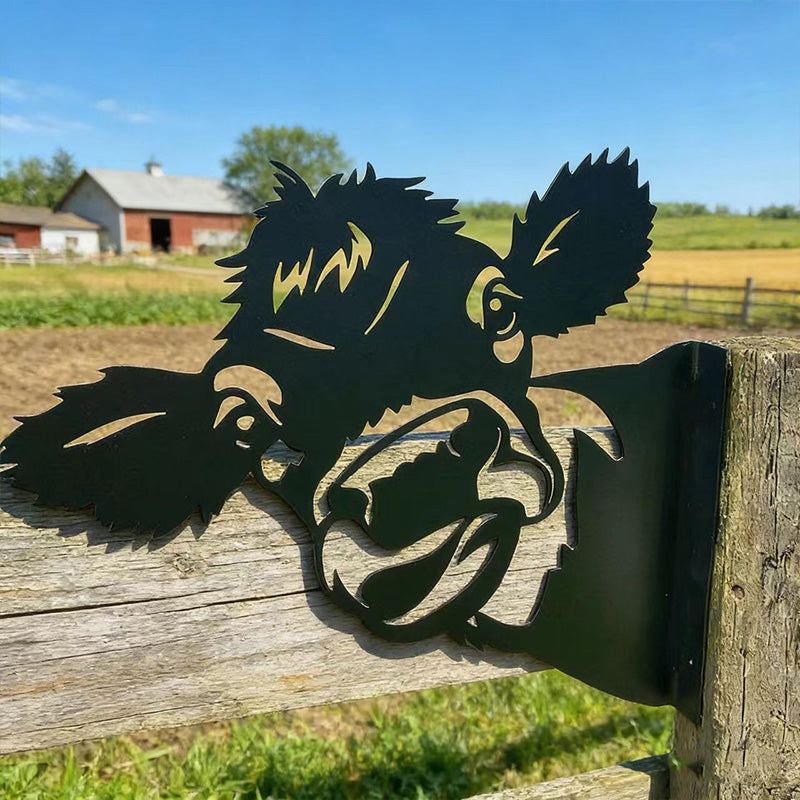 Peeking Big-Eared Cow Metal Garden Stake - Wrought Iron Yard Art, Outdoor Fence Ornament