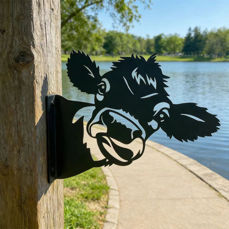 Peeking Big-Eared Cow Metal Garden Stake - Wrought Iron Yard Art, Outdoor Fence Ornament