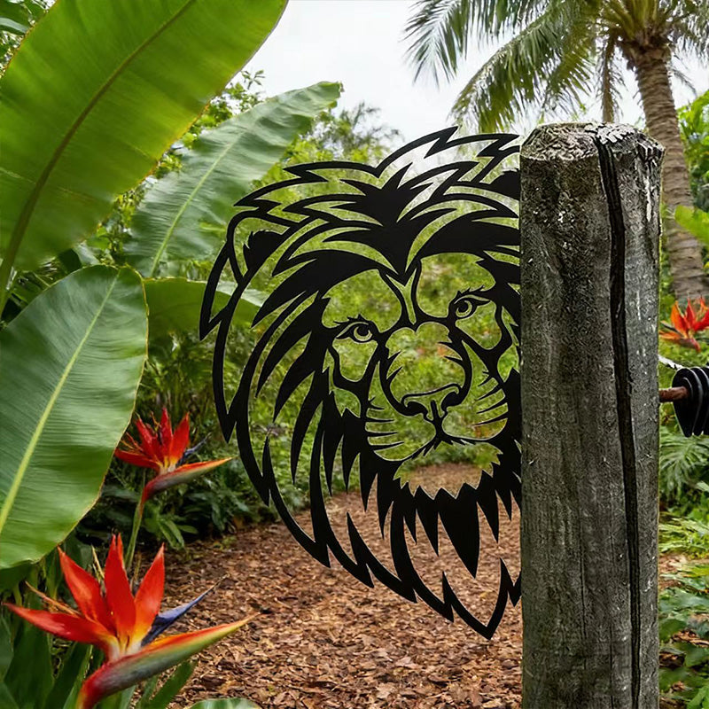 Peeking Lion Metal Garden Stake - Wrought Iron Yard Art, Outdoor Fence Ornament