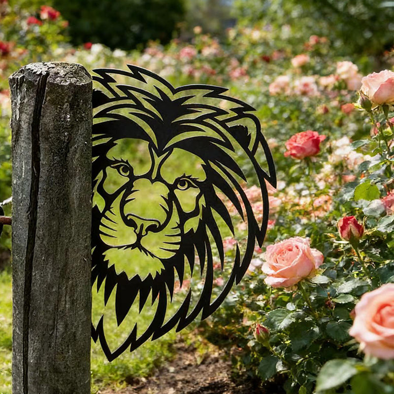 Peeking Lion Metal Garden Stake - Wrought Iron Yard Art, Outdoor Fence Ornament
