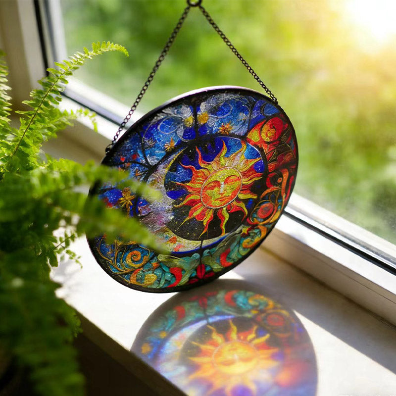 Sun & Moon Stained Glass Hanging Ornament - For Home & Balcony Decor