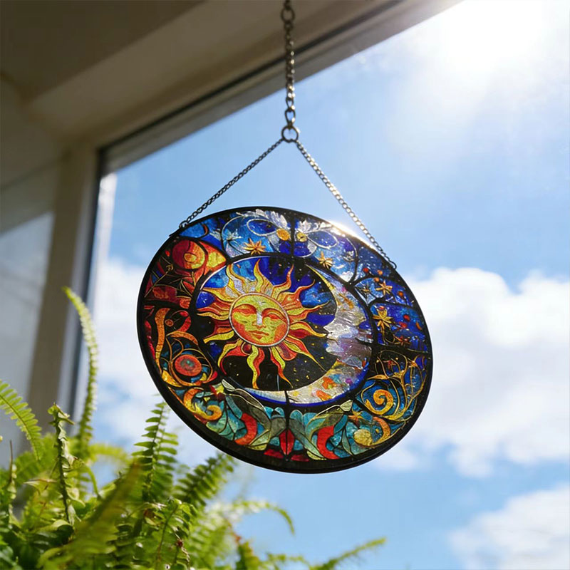 Sun & Moon Stained Glass Hanging Ornament - For Home & Balcony Decor