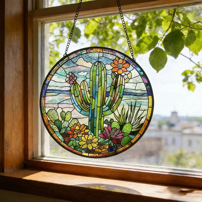 Cactus Suncatcher - Colorful Stained Glass Hanging for Home & Garden