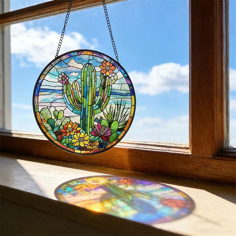 Cactus Suncatcher - Colorful Stained Glass Hanging for Home & Garden
