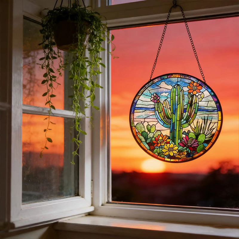 Cactus Suncatcher - Colorful Stained Glass Hanging for Home & Garden
