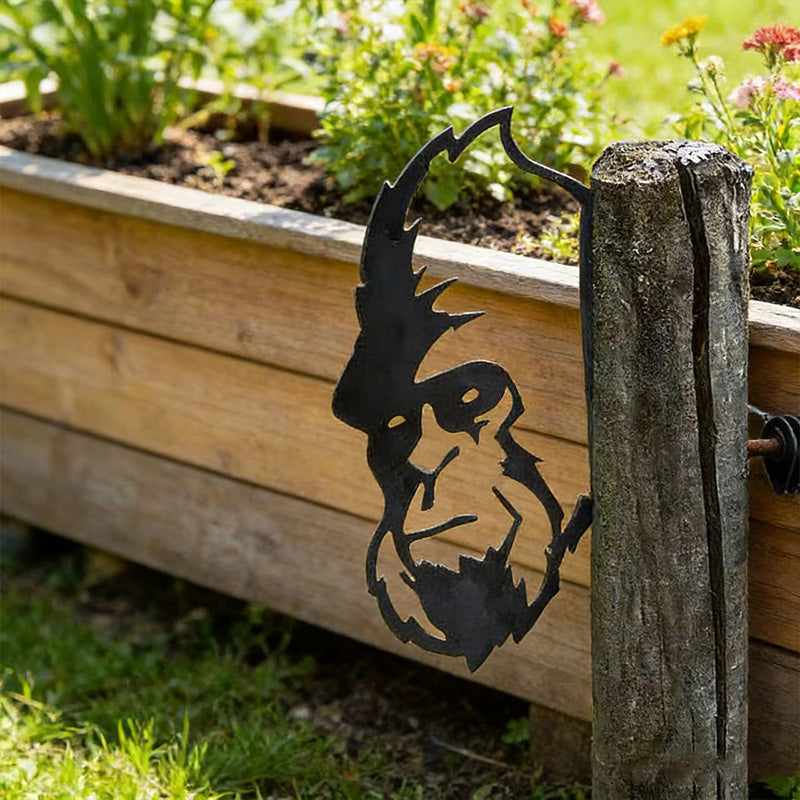 Peeking Orangutan Metal Garden Stake - Wrought Iron Yard Art, Outdoor Fence Ornament