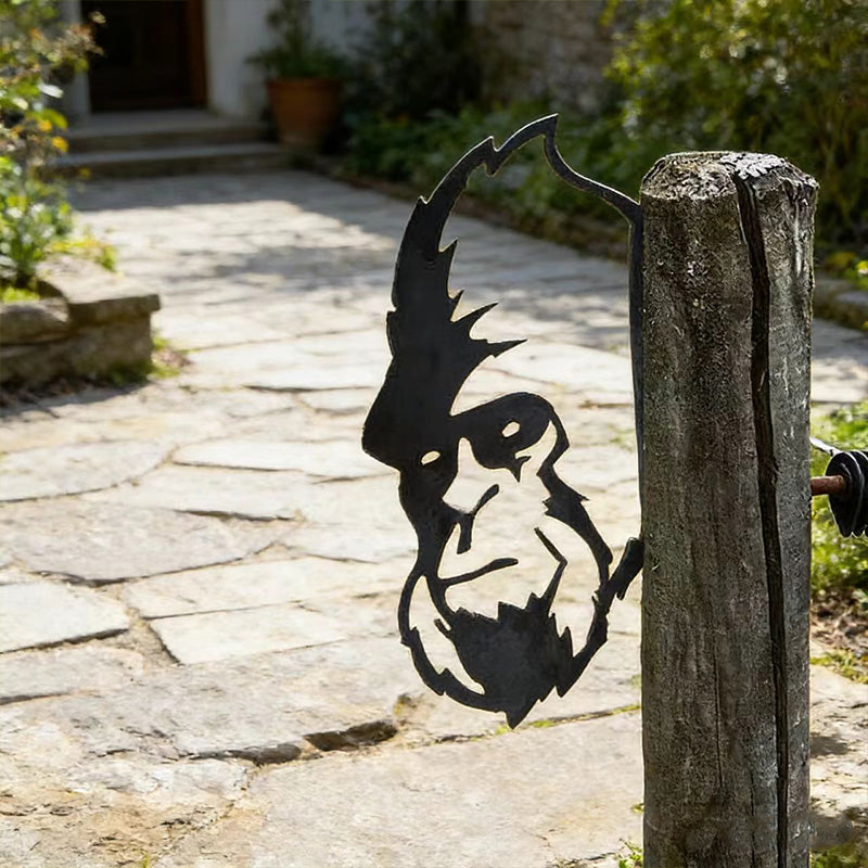 Peeking Orangutan Metal Garden Stake - Wrought Iron Yard Art, Outdoor Fence Ornament