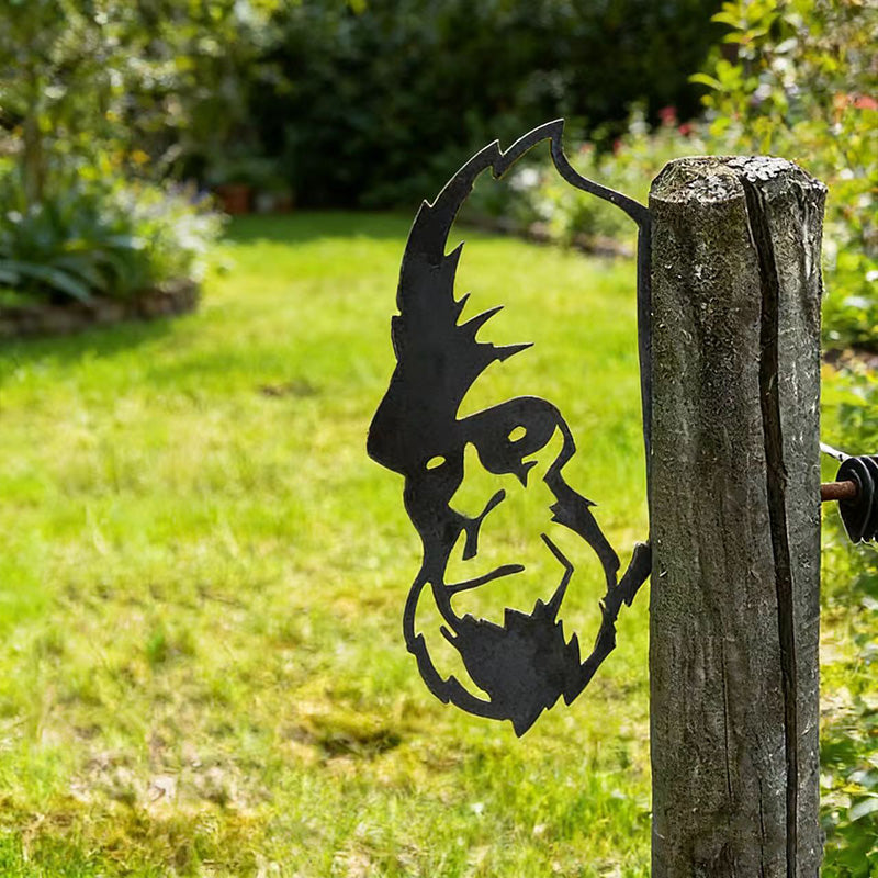 Peeking Orangutan Metal Garden Stake - Wrought Iron Yard Art, Outdoor Fence Ornament