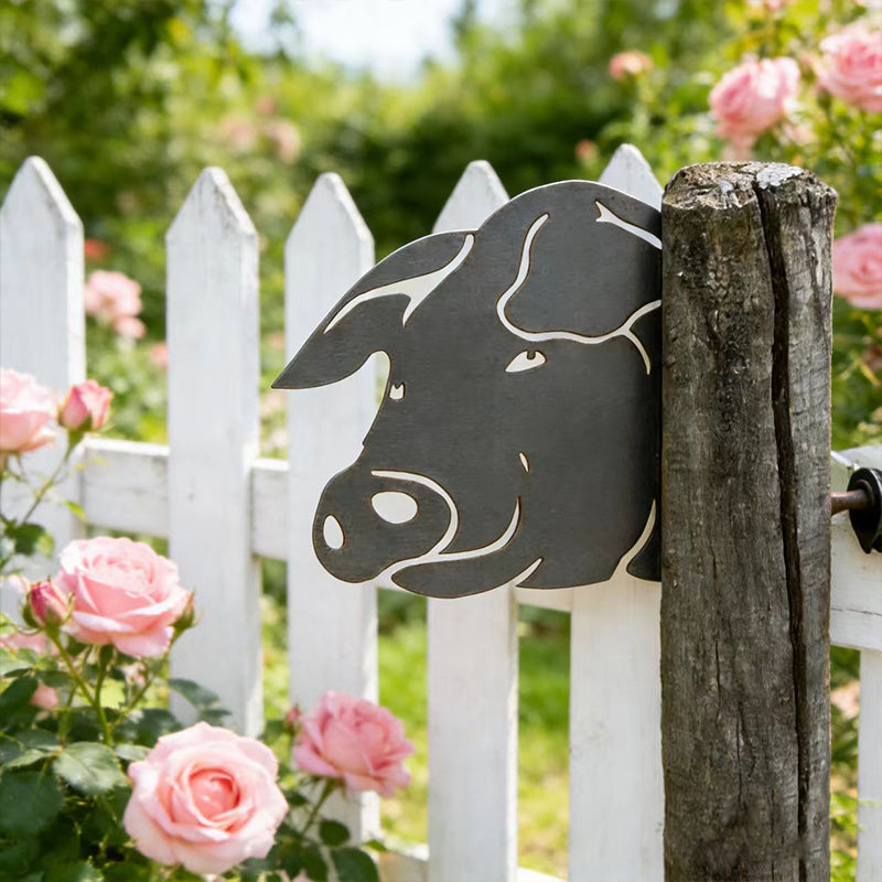 Peeking Pig Metal Garden Stake - Wrought Iron Yard Art, Outdoor Fence Ornament