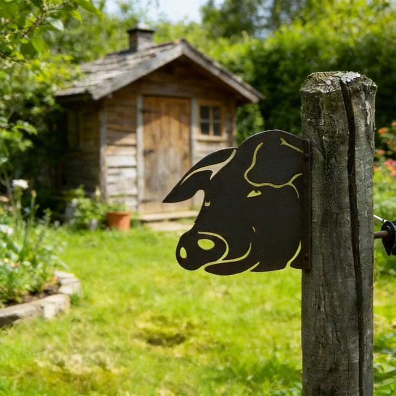 Peeking Pig Metal Garden Stake - Wrought Iron Yard Art, Outdoor Fence Ornament