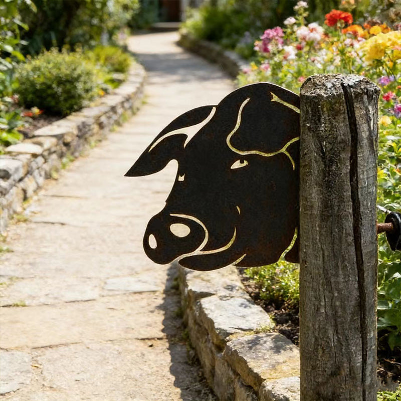 Peeking Pig Metal Garden Stake - Wrought Iron Yard Art, Outdoor Fence Ornament